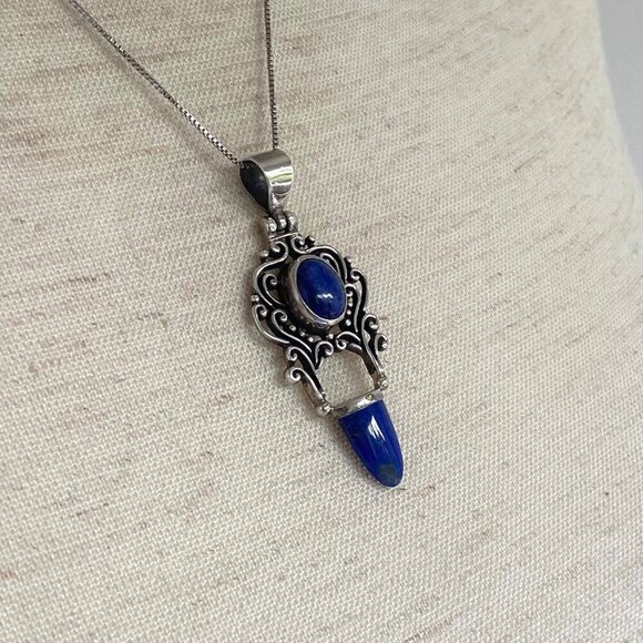 Sterling Silver 925 Lapis Lazuli Scrollwork 2 Stone Pendant Necklace 18" Chain - Picture 12 of 16